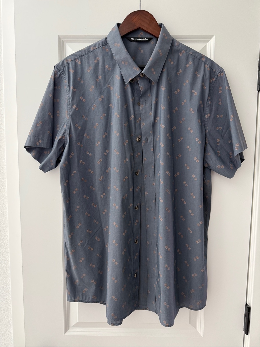 Travis Mathew Slate Blue Short Sleeve Button-Down with Tan Micro Print